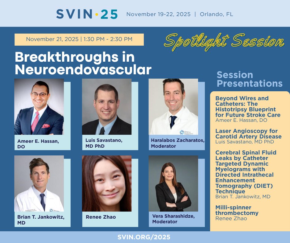 The future of neuroendovascular therapy is here!

Join Breakthroughs in Neuroendovascular to explore innovations redefining stroke and vascular care: milli-spinner thrombectomy, histotripsy, laser angioscopy, and DIET imaging for CSF leaks at #SVIN25: zurl.co/j3uzD