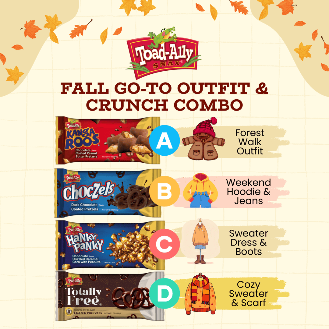 ToadallySnax's tweet image. Fall is here! Which Toad-Ally Snax matches your cozy autumn outfit?

Comment your fall snack + outfit combo and let us know what’s your go-to!

Shop now: toadallysnax.com

#toadallysnax #snacktime #halloween #trickortreat