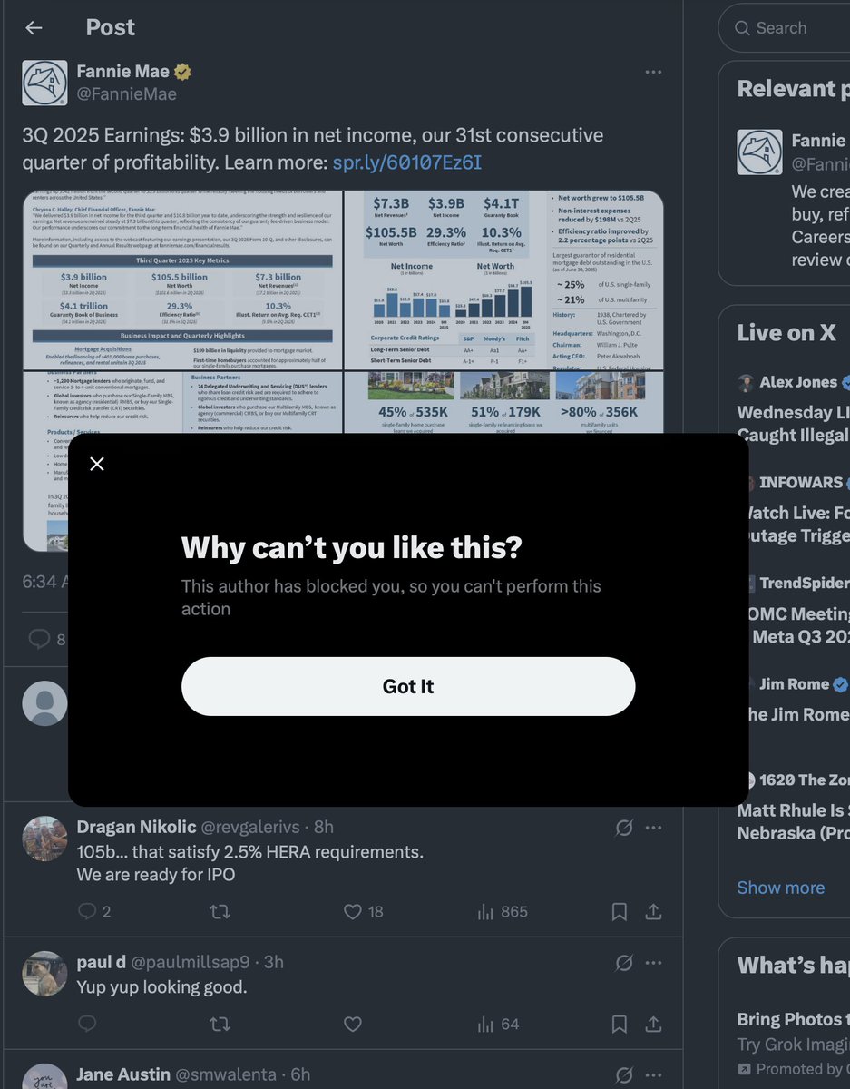 huskerff's tweet image. Is everyone else blocked by @fanniemae and @freddiemac?  I have done nothing but support their release and have owned shares in the company for almost 20 years and I can&apos;t even like their earnings reports?  

#headscratch