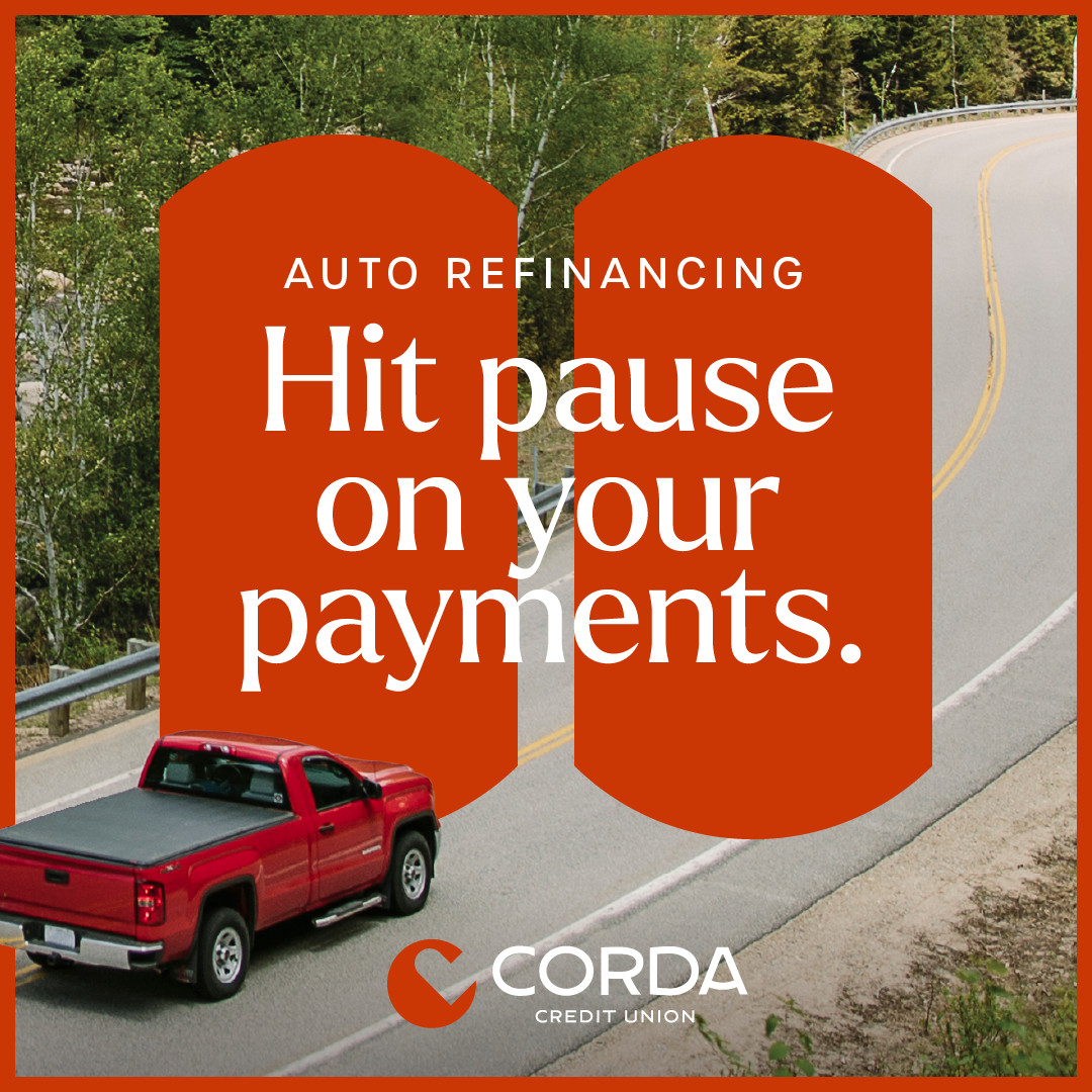 We all wish we could hit pause sometimes — especially when it comes to our finances. For a limited time, enjoy no payments for 60 days* when you bring your auto loan from another lender to Corda Credit Union. 🛻

*Visit CordaCU.org/Pause to learn more and apply today.