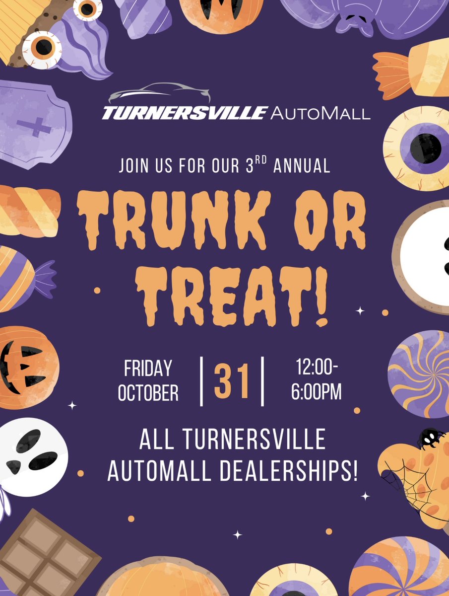 Join us for Turnersville AutoMall’s 3rd Annual Trunk or Treat happening at all of our dealerships! Bring the family for a day full of fun, costumes, and candy on Friday, October 31st, from 12–6 pm. We can’t wait to see your spook-tacular costumes! #AudiTurnersville #Audi