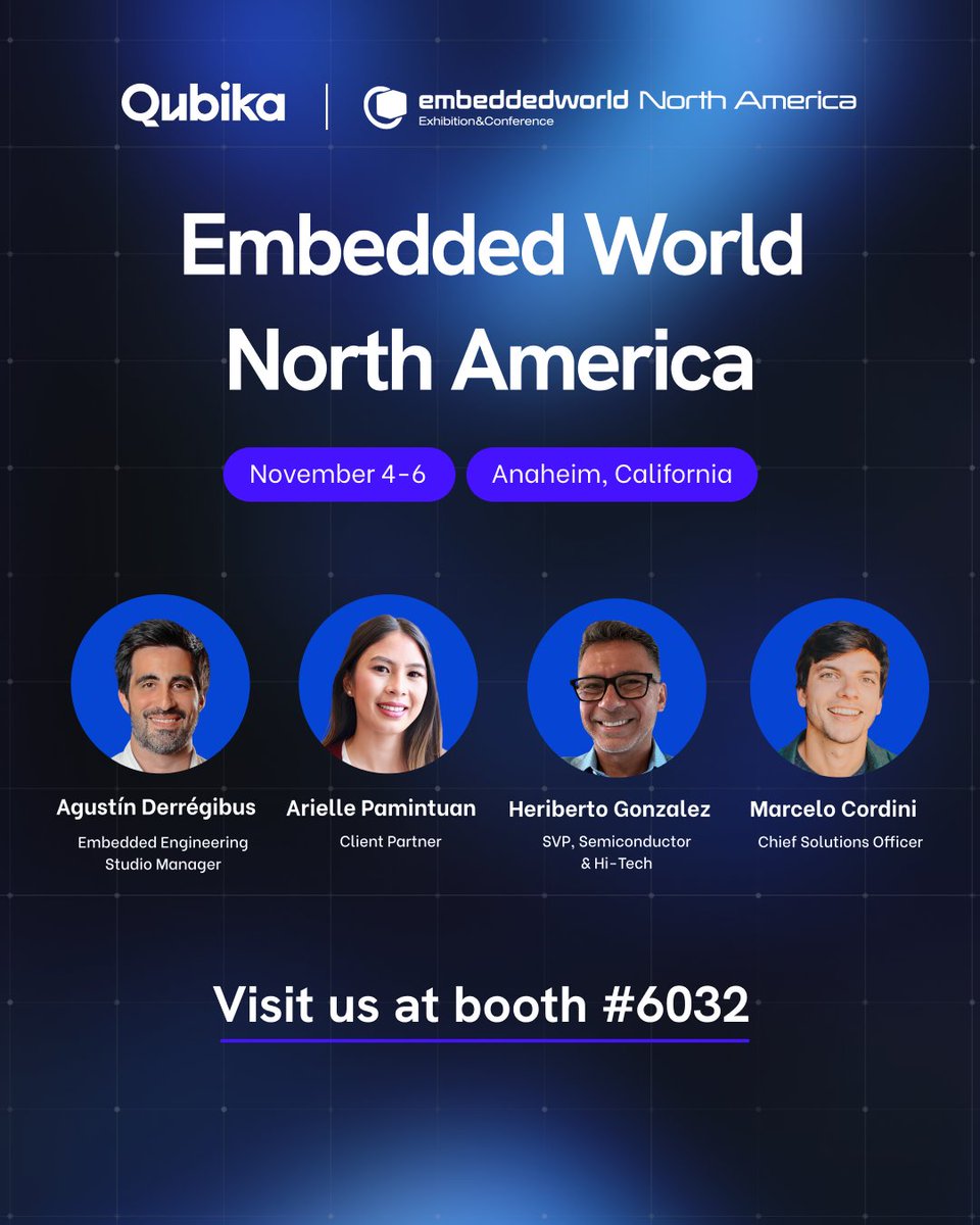 thisisqubika's tweet image. Next week the Qubika team will be at the @embedded_world North America Conference in Anaheim, California.
We'll be showcasing our #Semiconductor, firmware & IoT services.
See more about the work of our #Embedded Engineering Studio qubika.com/studios/embedd…