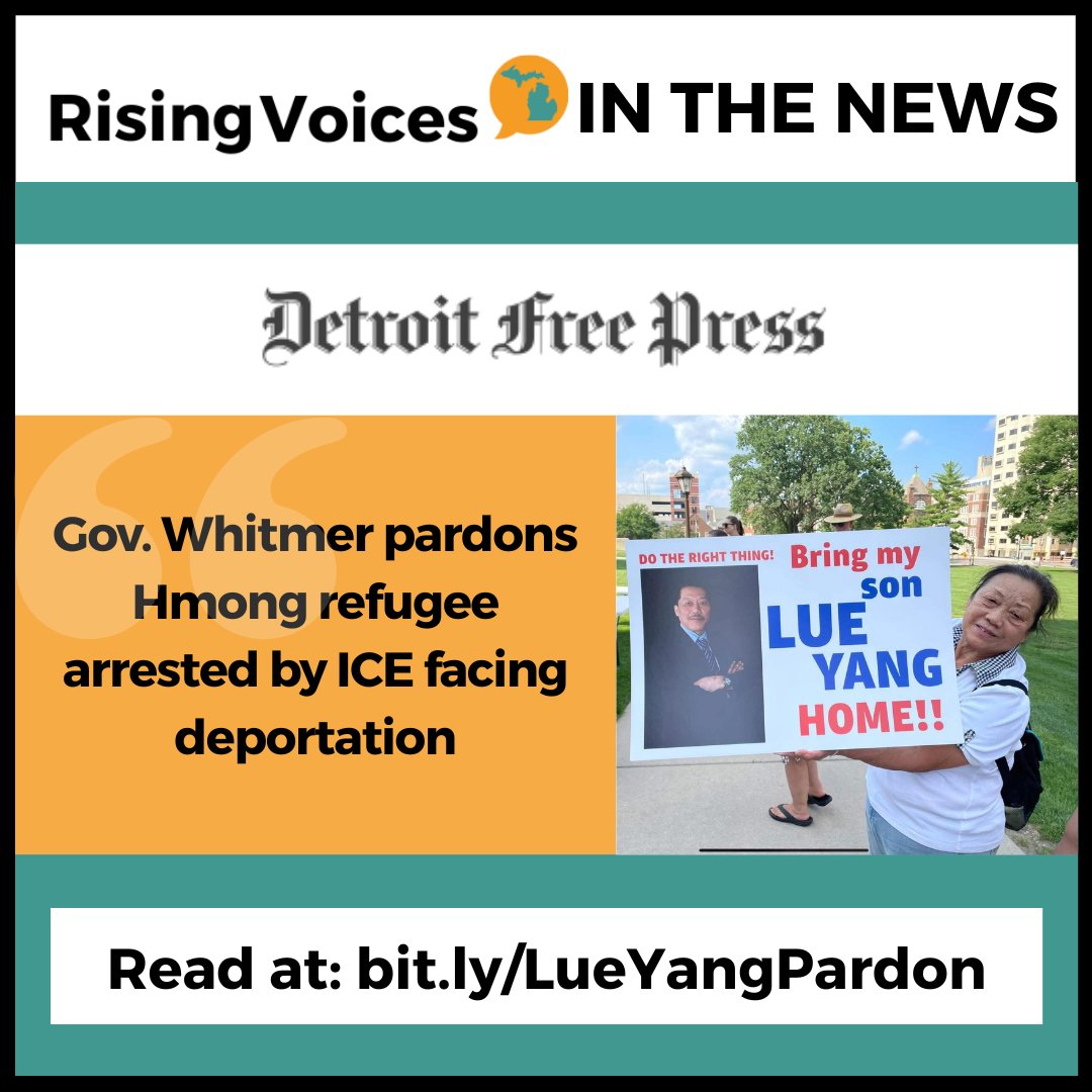 RisingVoicesAAF's tweet photo. Governor Whitmer’s pardon of Hmong refugee and community leader Lue Yang is a powerful act of fairness + humanity. But Lue remains in ICE custody—our fight isn’t over. Your calls and emails matter. Let’s #BringLueHome.

📞 (313) 771-6601
✉️ https://t.co/eIQcRlRntj https://t.co/lcmKvSEyi5