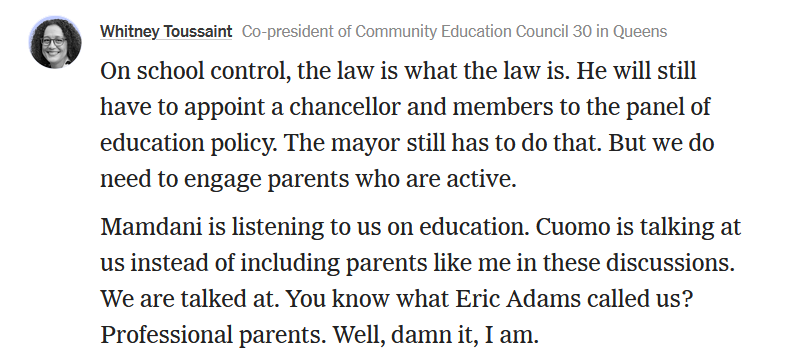 Cuomo education agenda is Bloomberg warmed over.  It's been tried and failed. Meanwhile, see <a href="/WToussaint4cec/">Whitney Toussaint</a> on <a href="/ZohranKMamdani/">Zohran Kwame Mamdani</a>  Exactly right! nytimes.com/interactive/20…