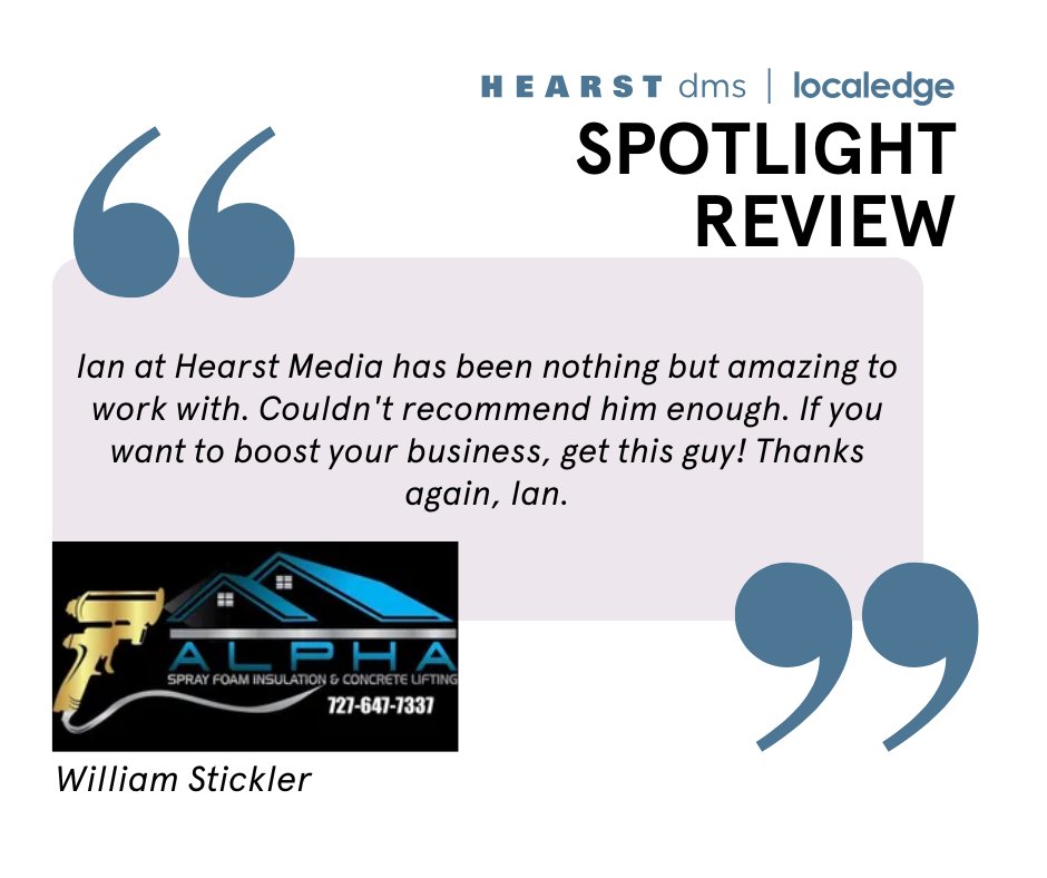 LocalEdge's tweet image. We love hearing how our digital solutions make a difference!
Thank you to Alpha Spray Foam Insulation for trusting Hearst DMS to help boost your business.