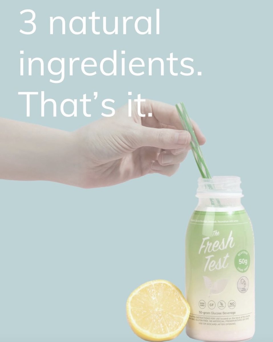 2nd - 3rd trimester glucose test? The Fresh Test®️ is transparent, clean, natural, additive-free and made with just 3 organic ingredients. Bring yours into your next appt, BYOB! Validated as a class 2 product; receive the same efficacy without the dyes, artificial flavoring and