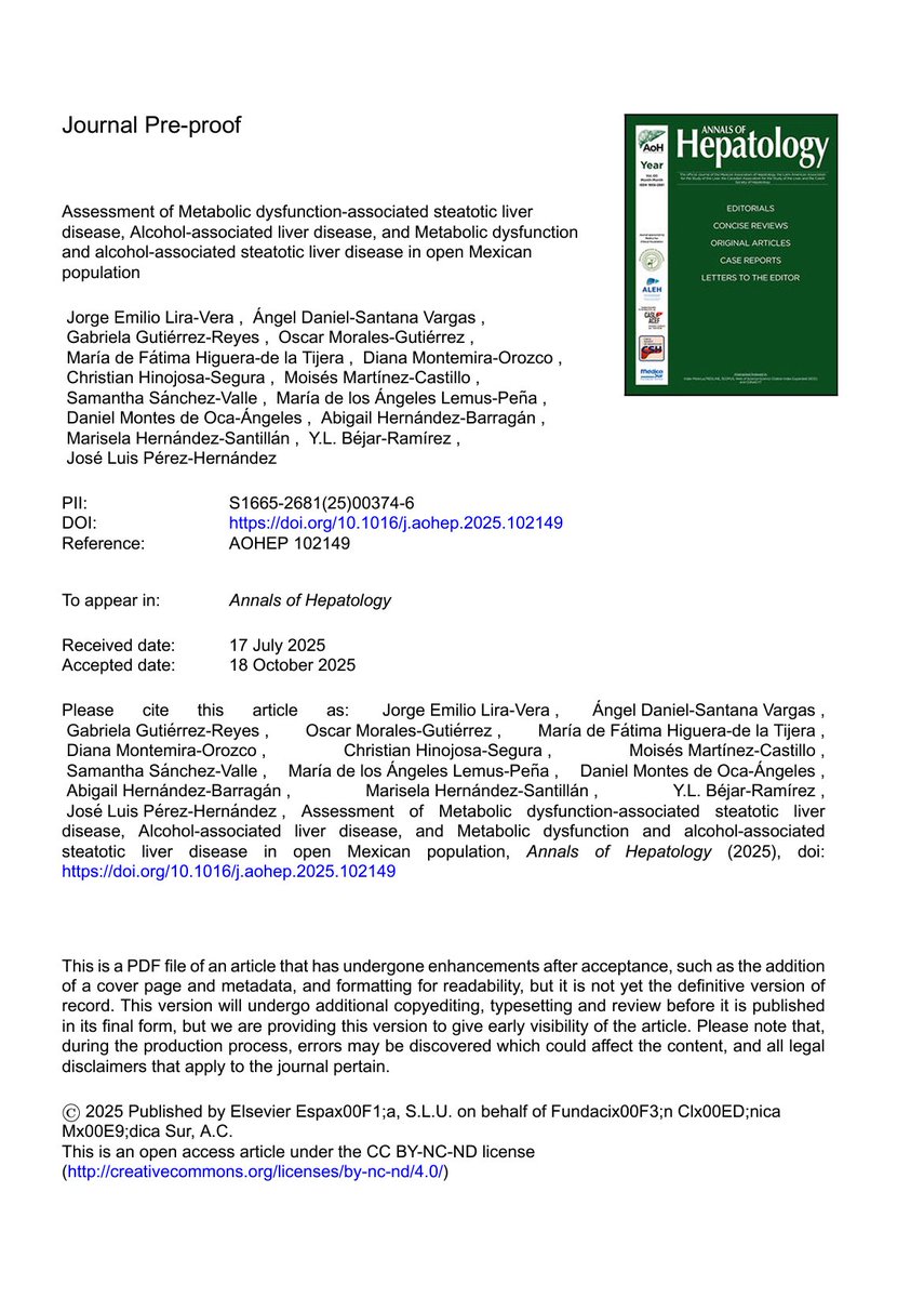 ¡Tesis publicada! Primera publicación que evalúa en México la prevalencia de MetALD 🇲🇽

Gracias por el apoyo y su guía <a href="/FATIMAHiguera8/">FATIMA Higuera</a> y <a href="/JoseLuisPrezHe7/">Jose Luis Pérez Hernández</a> 

Gracias a todos los coautores por sumar al trabajo.

<a href="/AnnalsofHepatol/">Annals of Hepatology (AoH)</a> 

sciencedirect.com/science/articl…