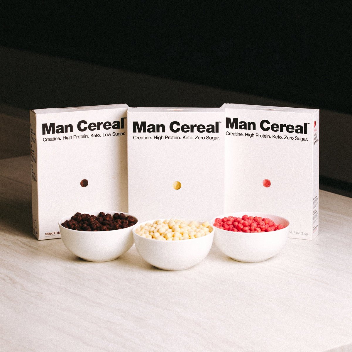 karine_hsu's tweet photo. interesting new brand: Man Cereal

"High-protein cereal with creatine to help fuel strength, recovery, brain power and keep you fuller, longer. Made with high-quality ingredients and no B.S. Try all 3 delicious flavors: Fruity, Salted Fudge &amp; Maple Bacon." https://t.co/T1WMDXBAhn
