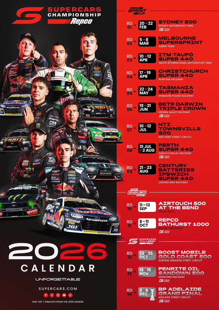 Supercars reveals 14-round calendar for 2026. #RepcoSC #Supercars