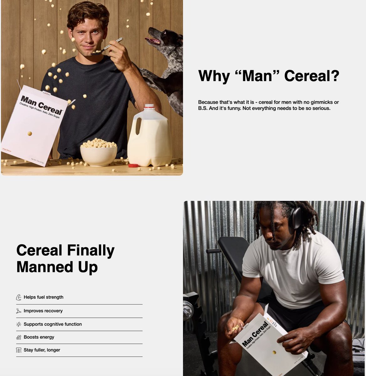 karine_hsu's tweet photo. interesting new brand: Man Cereal

"High-protein cereal with creatine to help fuel strength, recovery, brain power and keep you fuller, longer. Made with high-quality ingredients and no B.S. Try all 3 delicious flavors: Fruity, Salted Fudge &amp; Maple Bacon." https://t.co/T1WMDXBAhn