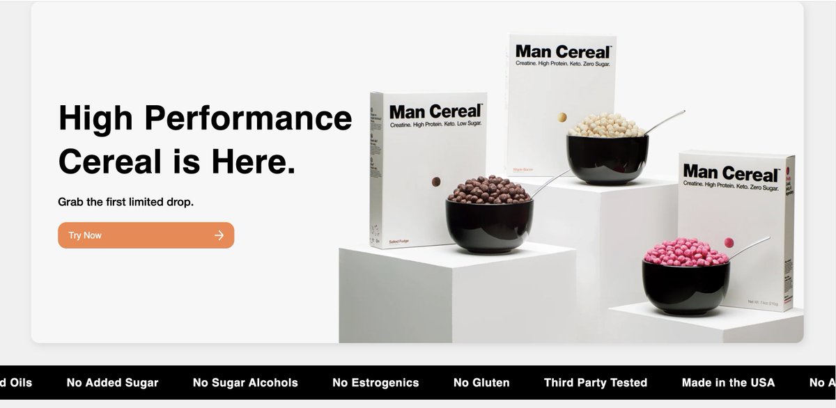 karine_hsu's tweet photo. interesting new brand: Man Cereal

"High-protein cereal with creatine to help fuel strength, recovery, brain power and keep you fuller, longer. Made with high-quality ingredients and no B.S. Try all 3 delicious flavors: Fruity, Salted Fudge &amp; Maple Bacon." https://t.co/T1WMDXBAhn