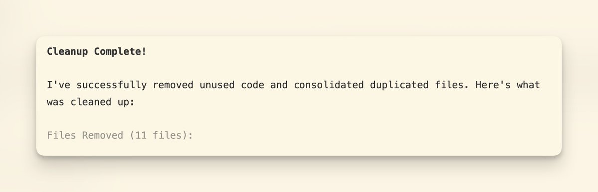 isolatedtech's tweet image. "Iterate over our codebase and find files and code that is not being used." &lt;-- I use this prompt all the time.
Coding agents have a tendency to duplicate code throughout the codebase, refactor or forget about old components, and introduce unused variables.
Have it clean itself