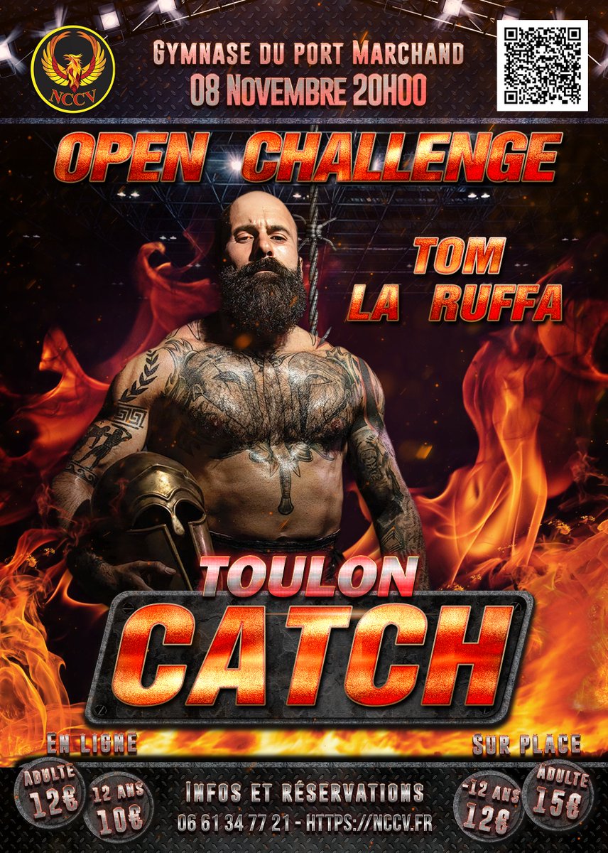 Open challenge de <a href="/TomLaRuffa/">🇨🇵Tom La Ruffa👑</a> le 08 novembre ! Décidé à détruire la #nccv il challenge n'importe quel catcheur issu de l'école de Toulon ! 
helloasso.com/associations/n…
#catch #catchfr #toulon #nccv