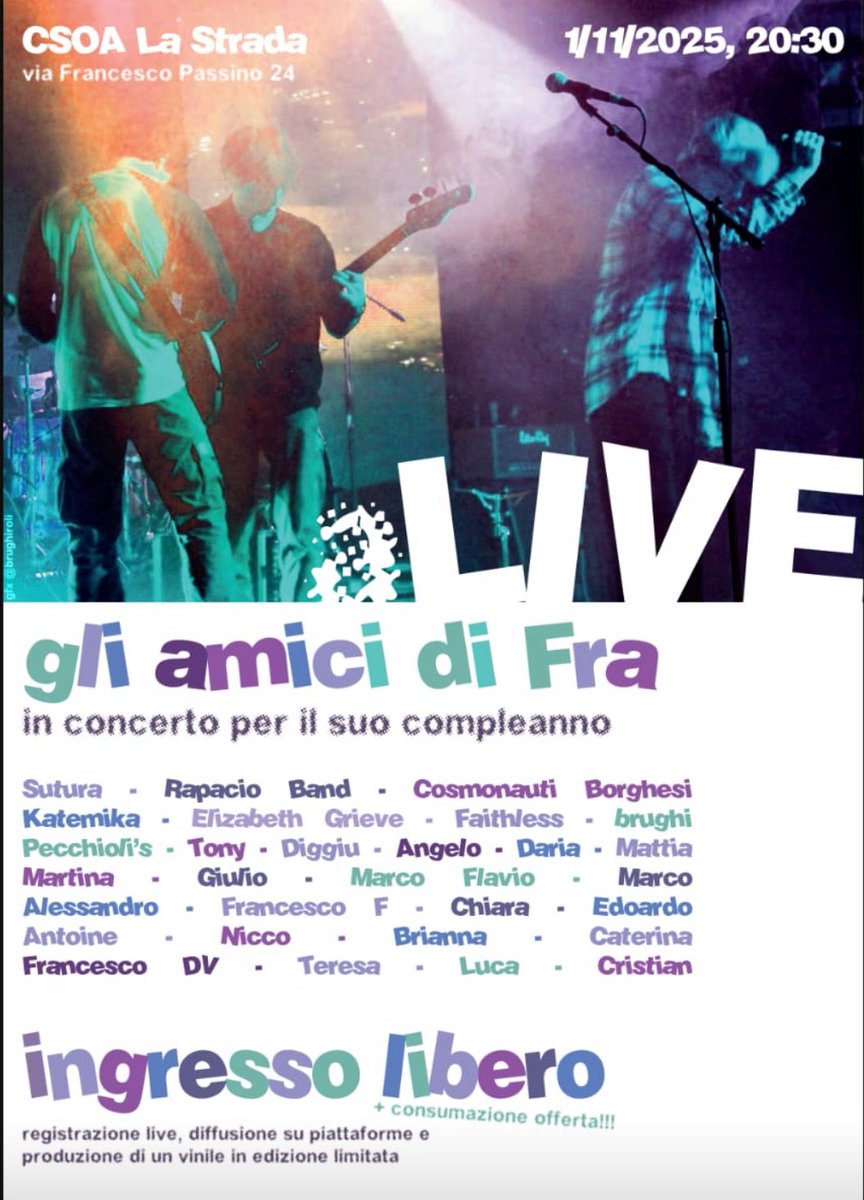 Se volete fare un salto… al limite ci stringiamo ❤️
1 novembre, compleanno Fra,  centro sociale La Strada
Sempre e per sempre