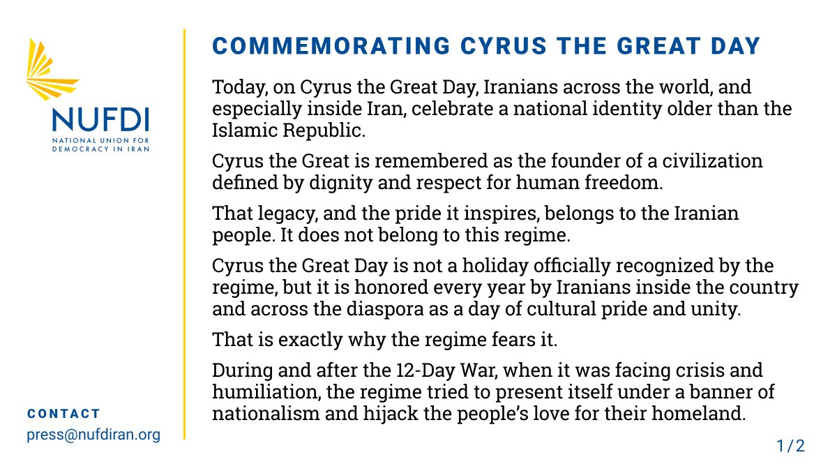 NUFDIran's tweet photo. On Cyrus the Great Day, NUFDI stands with every Iranian who, in spite of censorship, blocked roads, arrests, and intimidation, still says: this is our country, this is our heritage, and this is our future. https://t.co/YQiiygrWl9