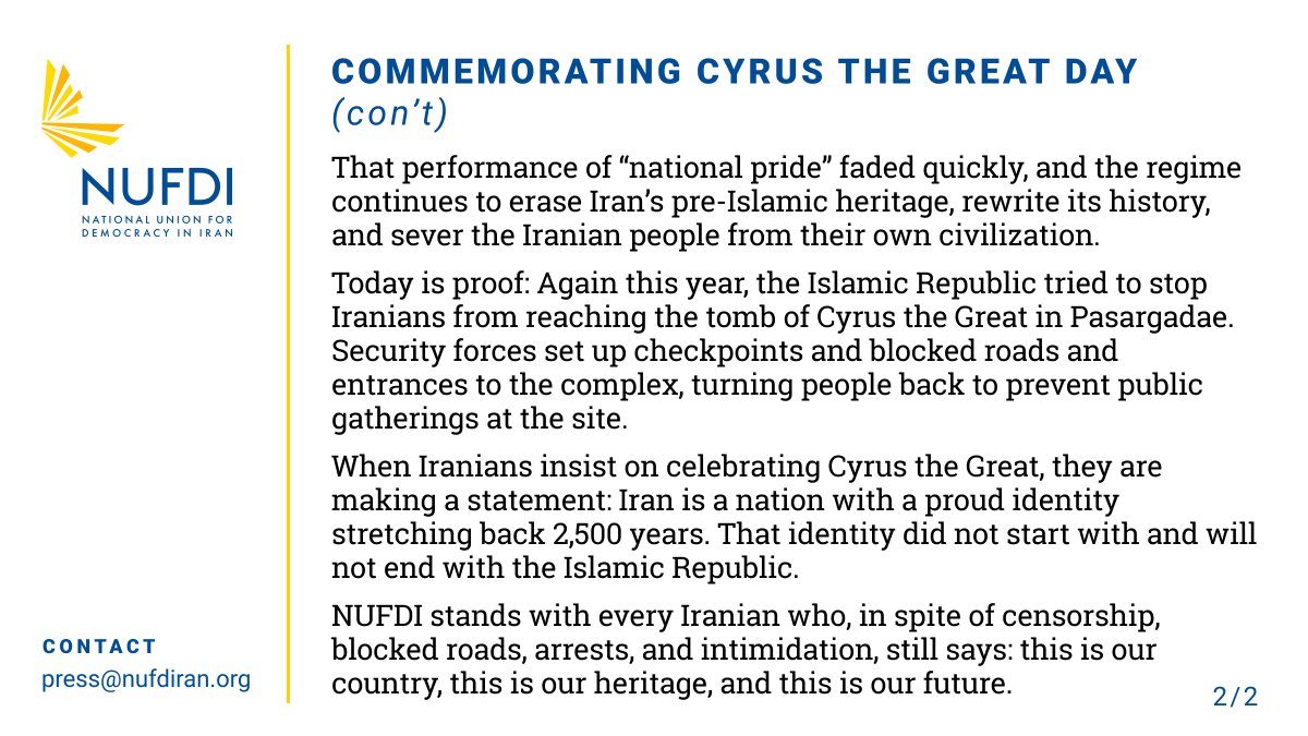 NUFDIran's tweet photo. On Cyrus the Great Day, NUFDI stands with every Iranian who, in spite of censorship, blocked roads, arrests, and intimidation, still says: this is our country, this is our heritage, and this is our future. https://t.co/YQiiygrWl9