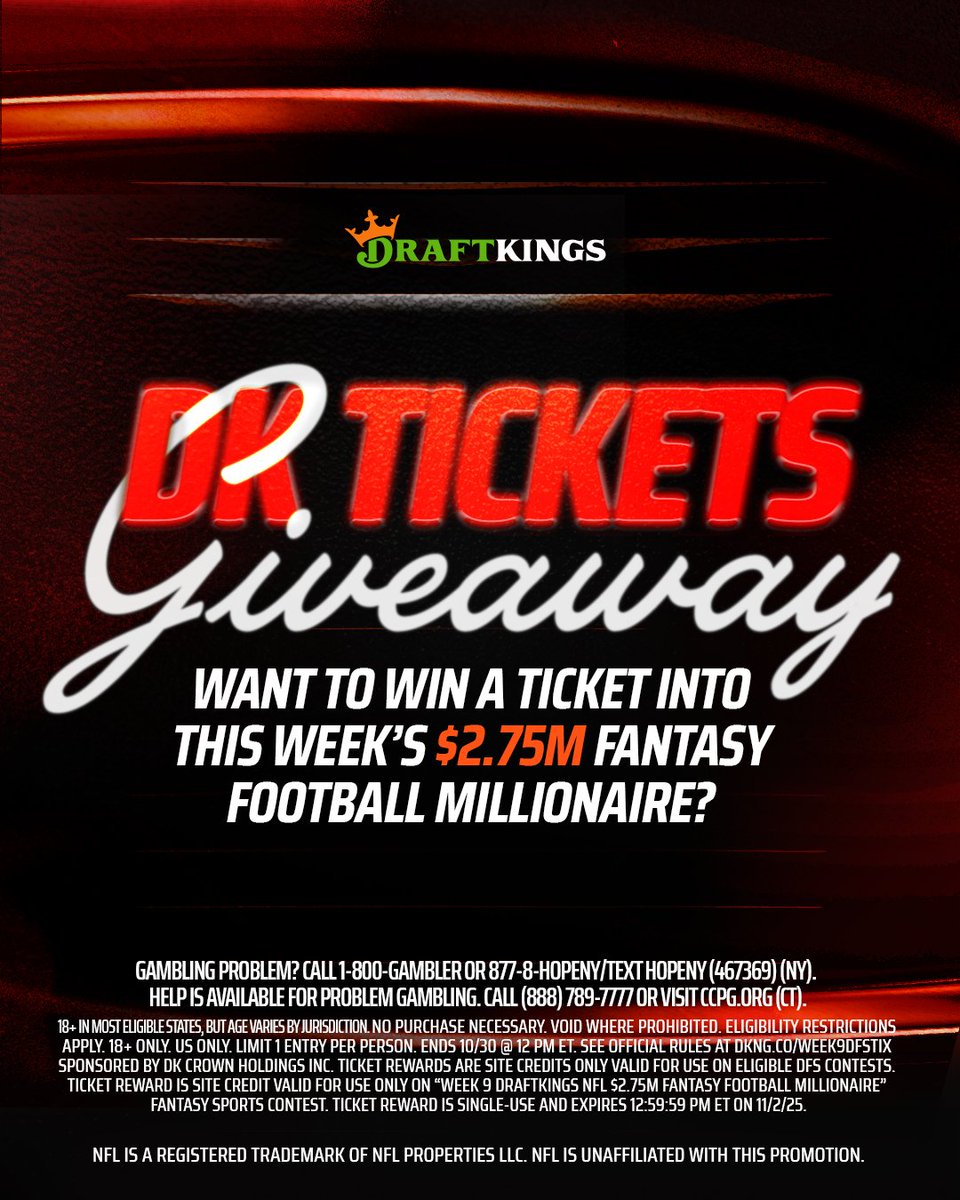 DraftKings's tweet image. We’ve got some tickets to give away 👀

Actually… 20 tickets. 20 winners.

Just follow @DraftKings and reply with who you think’s dropping the most fantasy points this week. That easy.