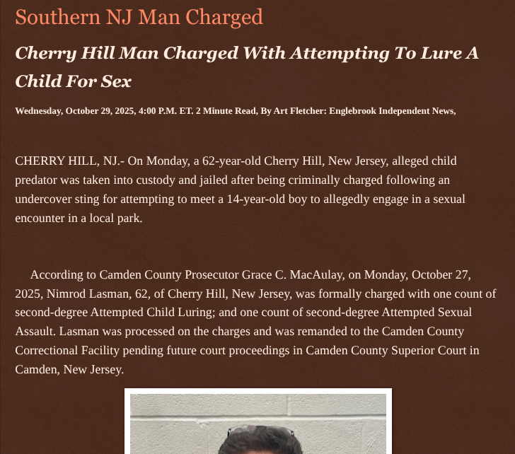 ArtFletcher9's tweet photo. Southern NJ Man Charged https://t.co/UnKMSGxM8k via @Englebrooknews #NewJersey #CrimeNews #camdencountynj #cherryhillnj #alleged #childpredator #sting #attempted #child #luring #sex #assault @wireless_step @HRG_Media @LodiNJNews @fordmb1 @SarahGeving1 @Shannon96574094 @Daytobehappy @janninereid1 @MichelleF_35 @gator4kb18 @TrumpWasRite @KathyKbrose @RobGerundo @JimBobW49