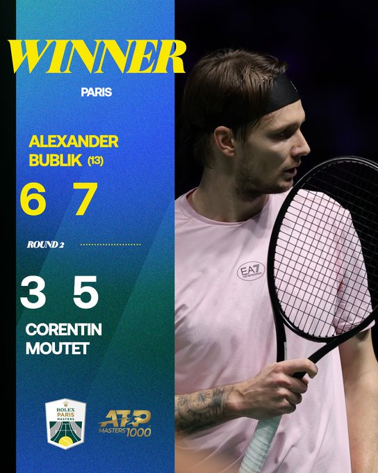 Graphic displays Winner in yellow text over blue Paris label with Alexander Bublik image wearing headband holding black racket in pink shirt facing right. Below shows score 6 7 over 3 5 with Corentin Moutet image holding pink racket in pink shirt. Bottom includes Round 2 text ATP logo Rolex Paris Masters shield and tournament branding.