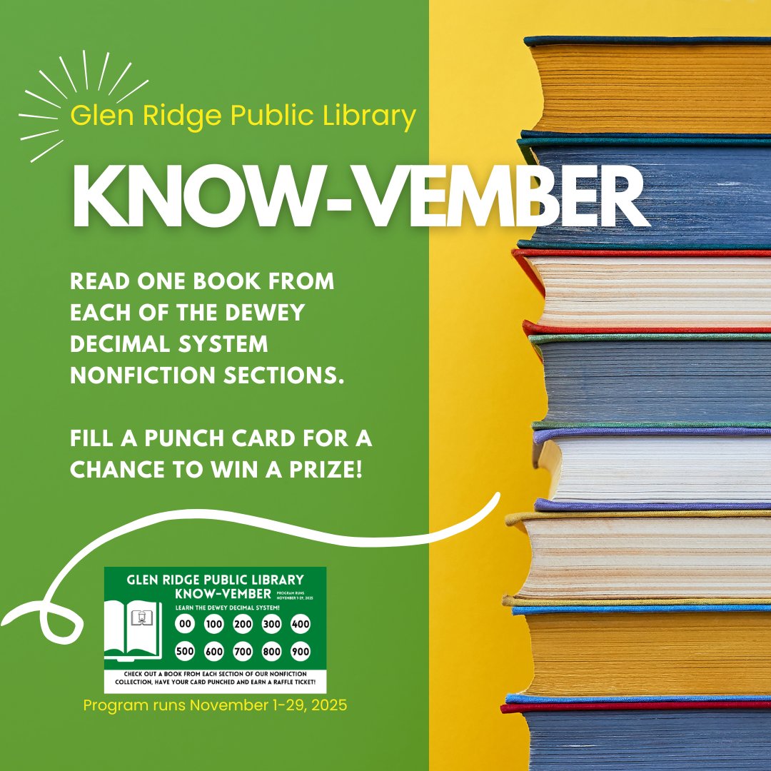 Get ready for the Library's KNOW-vember Challenge starting this Saturday, November 1st 🧠

Read one book from each section of the Dewey Decimal System from November 1-29 to earn raffle tickets towards a $25 gift card to Watchung Booksellers!!