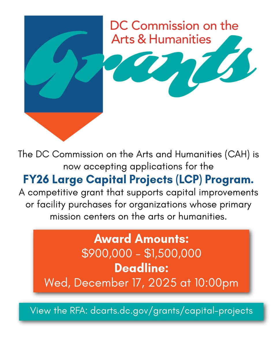 AnacostiaBID's tweet image. 🎨 Grant Alert! @TheDCArts is offering $900K–$1.5M for arts &amp;amp; humanities facility projects through the FY26 Large Capital Projects Grant! 

🗓️ Apply by Dec 17, 2025
👉 dcarts.dc.gov/grants/capital…

#DCCAH #ArtsDC #CreativeDC #GrantOpportunity