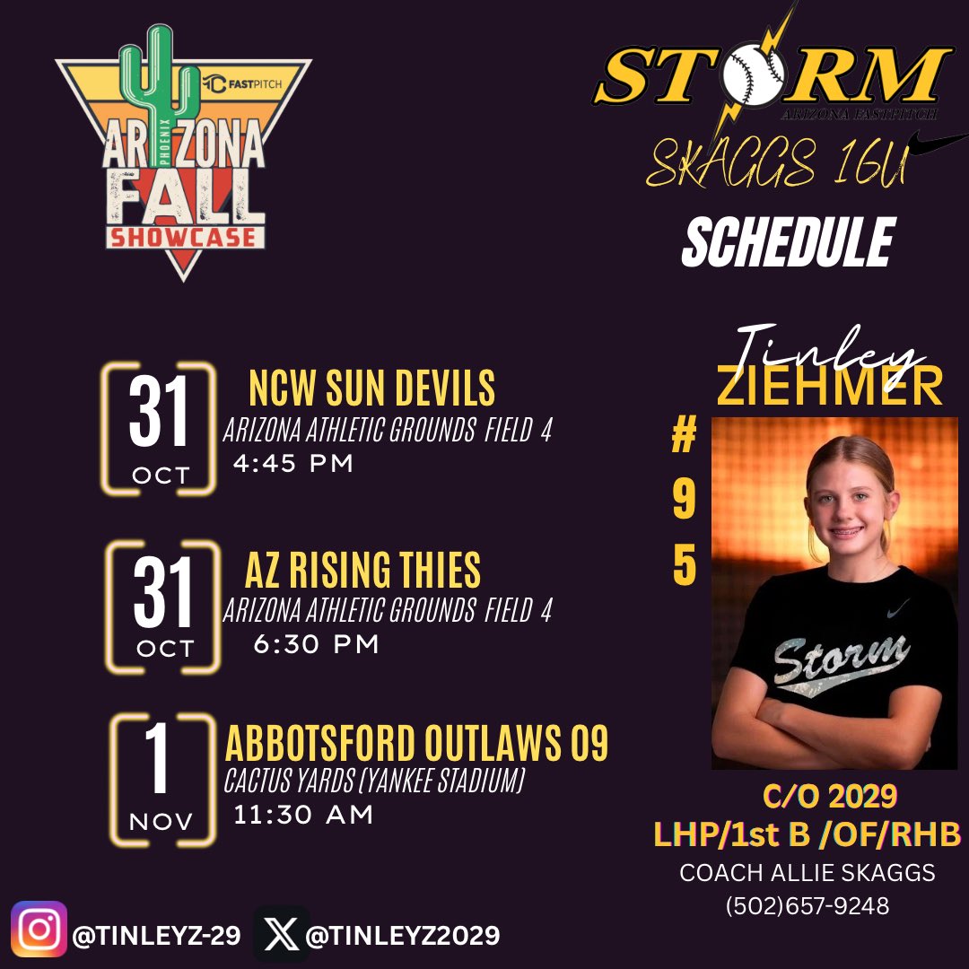 My New Schedule for the Triple Crown AZ Fall Showcase came out!! Come watch our team play! <a href="/allieskaggs9/">Allie Skaggs</a>  
<a href="/AZStormFastptch/">Arizona Storm Fastpitch</a>
<a href="/CoachBallMalone/">Cindy Ball-Malone</a> <a href="/noahbsanders/">Noah Sanders</a> <a href="/CoachLarissaA/">Larissa Anderson</a> <a href="/CoachJayGwyn/">Assistant Softball Coach, MIZZOU</a> <a href="/JustinShults33/">Justin Shults</a> <a href="/terramcgowan11/">terra mcgowan</a> <a href="/coachcbartlett/">Megan C Bartlett</a> <a href="/Coach_JBloomer/">Coach Josh Bloomer</a> <a href="/jaymebailey_/">Jayme Bailey</a> <a href="/hunter_hays27/">Hunter Hays</a>