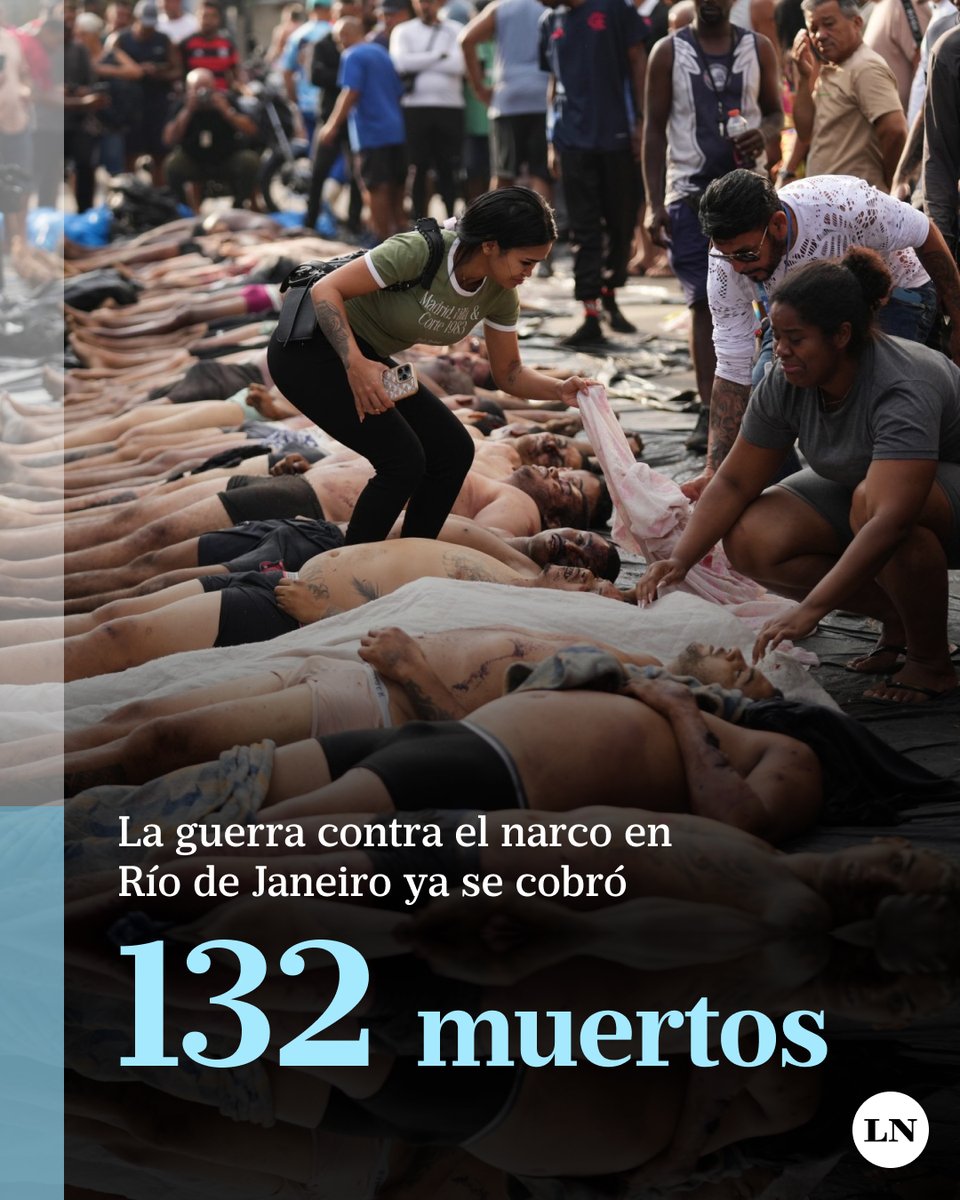 Río de Janeiro: los vecinos trasladaron cuerpos a una plaza tras el operativo contra Comando Vermelho. Imágenes mostraron a los cadáveres cubiertos con plástico y tela; en el operativo del martes contra el narcotráfico murieron al menos 132 personas. 
lanacion.com.ar/el-mundo/rio-d…