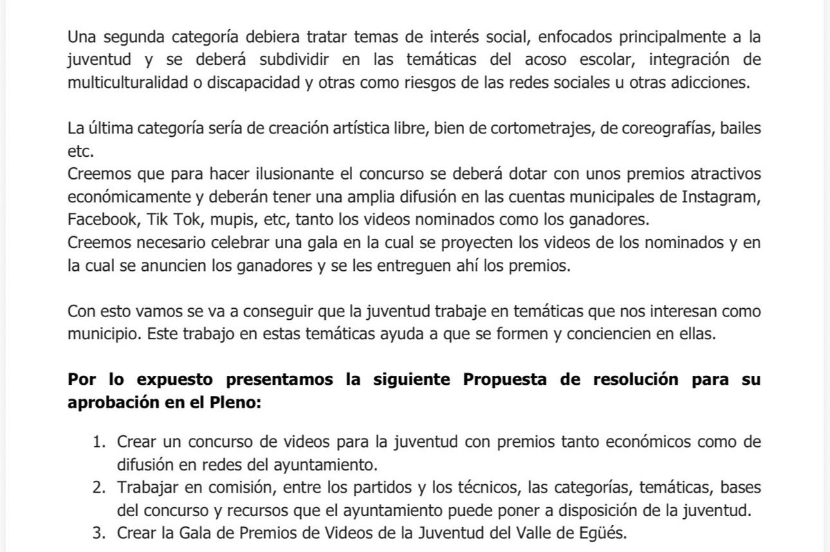 🟢¡Aprobada nuestra moción para crear un concurso de vídeos que implique a la juventud en la búsqueda de soluciones a retos del Valle: limpieza urbana, comercio local, acoso escolar, integración…

🧒Que la juventud sea protagonista y parte activa del cambio en el Valle
