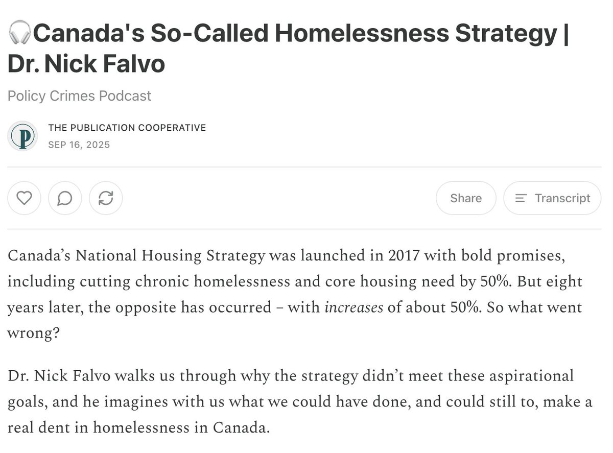 I recently did a podcast on Canada's National Housing Strategy—specifically on how the Strategy missed the mark on homelessness.

Here's the link (it's 40 min's long): thepublicationcoop.substack.com/p/canadas-so-c…