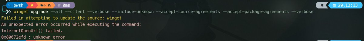 Wondering if this winget error is related to the Azure glitch at the moment...?

```
An unexpected error occurred while executing the command:
InternetOpenUrl() failed.
0x80072efd : unknown error
```
cc <a href="/DenelonMs/">Demitrius Nelon</a>