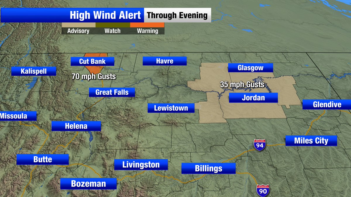 MarkHeyka's tweet image. A high wind warning until 6 pm for the Rocky Mountain Front to the Cut Bank area. Winds up to 70 mph. A wind advisory for Fort Peck Lake until 8 pm with gusts up to 35 mph.
 #NonStopLocal #ABCFoxMontana #mtwx