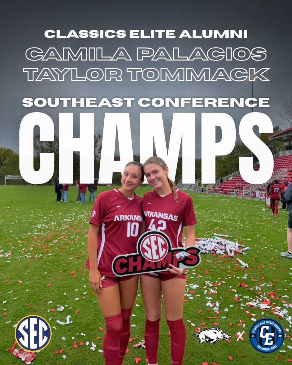 ClassicsEliteSA's tweet image. 🏆 Celebrating CE Alumni making waves at the collegiate level!

Congrats to Camila Palacios and Taylor Tommack on being crowned SEC regular season champions! 👏⚽

Best of luck to Arkansas as the No. 1 seed heading into next week&apos;s SEC Tournament! Let&apos;s go Razorbacks! 🐗🔴