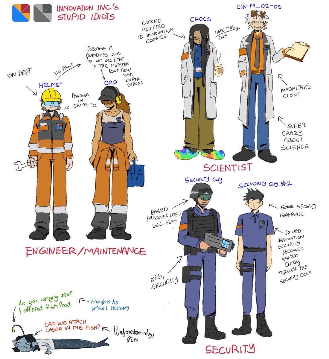 Cat_Pico's tweet photo. Made some Innovation Inc. / Security OC character sheet for the next Pressure x Innovation fan comic. (still a draft, bit busy sorry!)
Just brainstorming what this goofy employees might be like for now, still unsure about their final look or personality.

(Note: CLN-M_02-05 and the Security guy are the accurate Innovation uniforms, the rest are made up lol.)
#InnovationInc