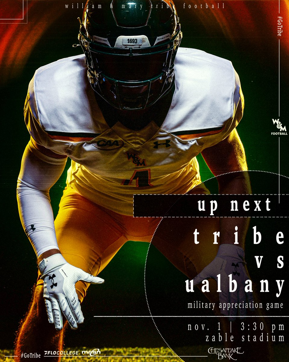 Up Next ➡️ UAlbany

🗓️ Saturday, Nov. 1
⏰ 3:30 p.m.
🏟️ Zable Stadium
🎟️ tribeathletics.com/tickets
🤝 Game Sponsor → <a href="/chesbank/">Chesapeake Bank</a> 
🫡 Military Appreciation Game
🆓 1,000 camo koozies giveaway
🟩 Wear Green
🔗 go.wm.edu/rZn8D3

#GoTribe