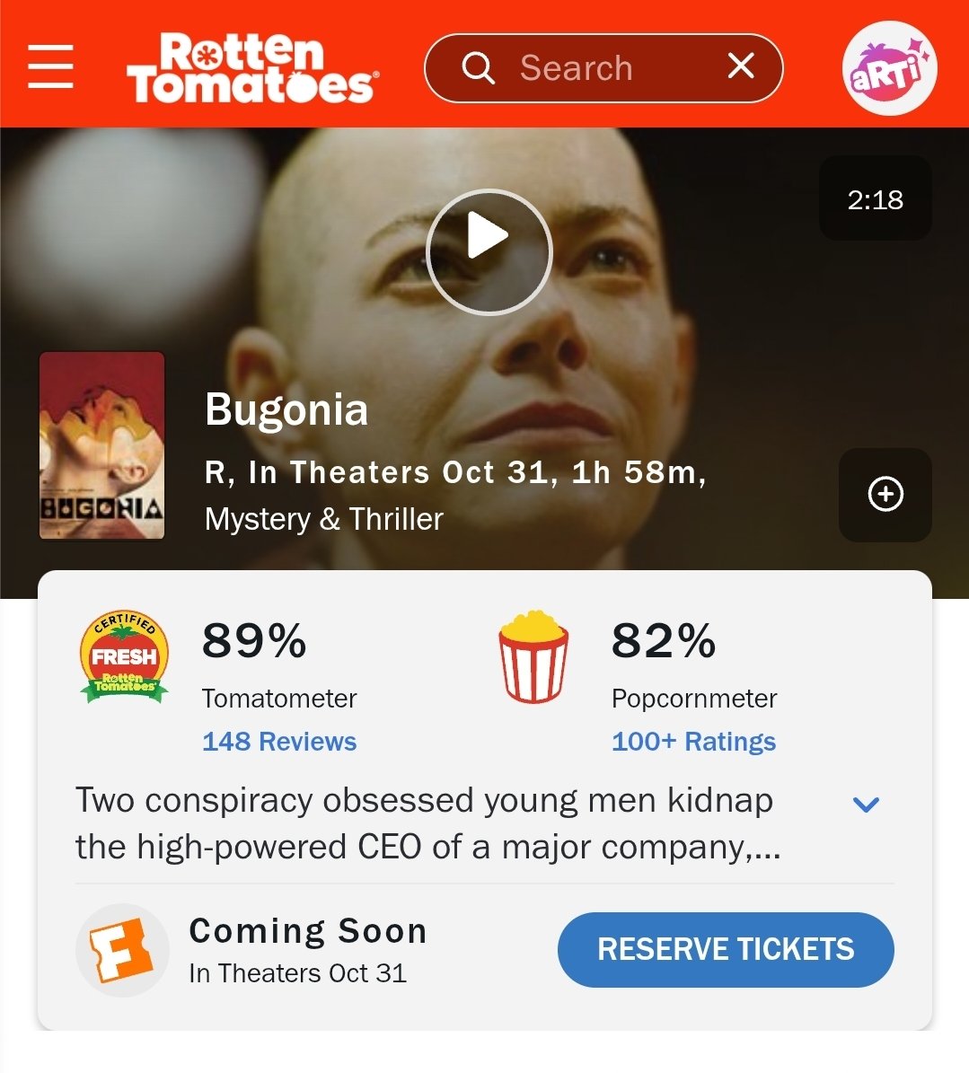subt_is's tweet image. Bugonia arranca con 89% en #RottenTomatoes