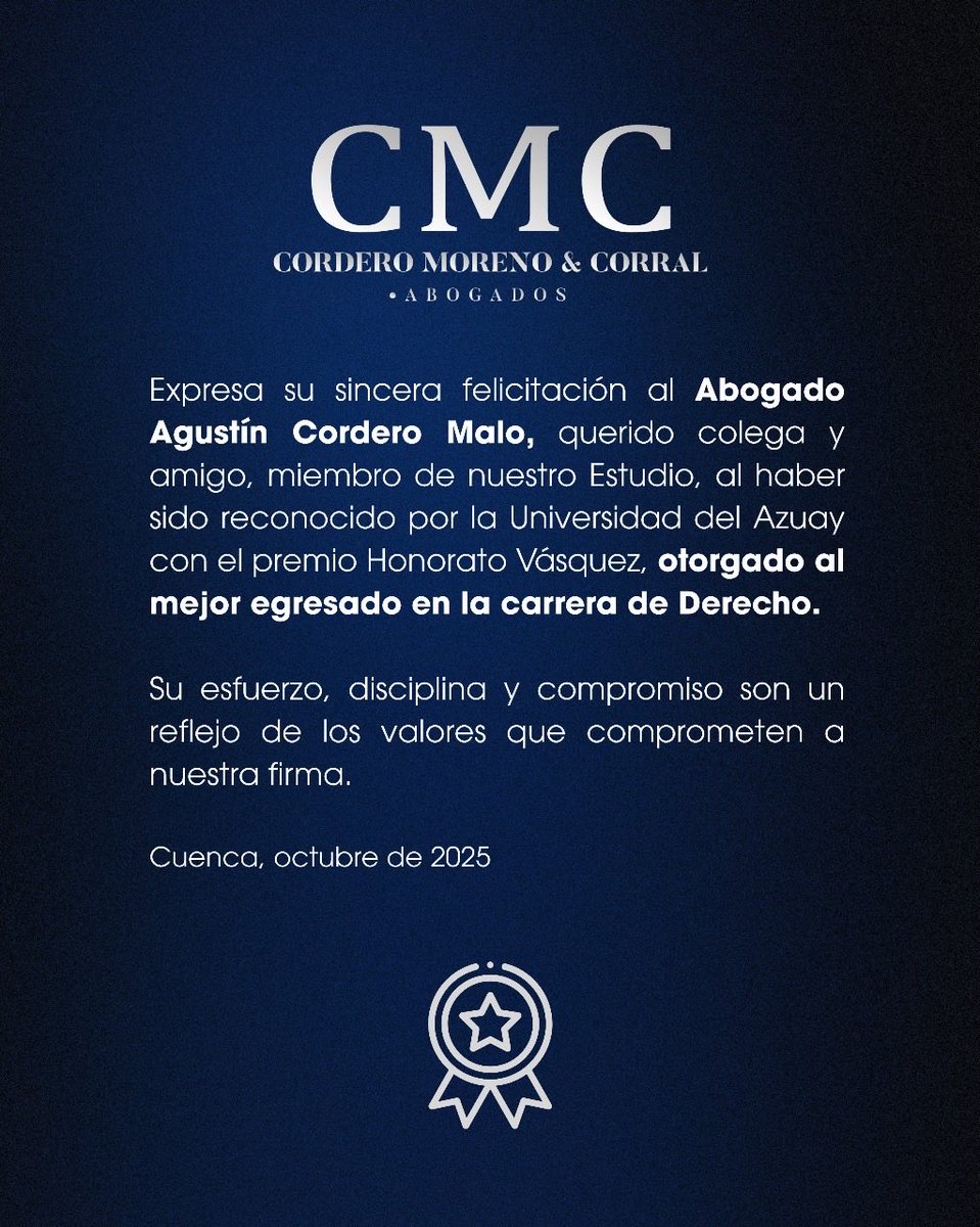 CMCABOGADOSEC's tweet image. ¡Felicitaciones, Agustín!
Tu logro nos llena de orgullo. 👏⚖️

#OrgulloCMC #ExcelenciaAcadémica #Derecho #UniversidadDelAzuay #Reconocimiento #PremioHonoratoVásquez