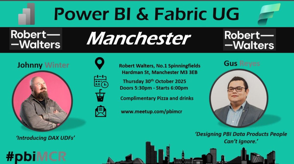 PBIMCR's tweet photo. 👀 That time of the month again! 

📊 #PowerBI User Group

📌 Manchester 

📅 Thursday 30th October 2025

⏰ 6pm start

🗣️ 2 fantastic speakers:
       @GreyskullPBI &amp; Gus Reyes

✅ RSVP via Meetup - https://t.co/uIrOK0ZjrC

#PBI #Fabric #DAX #DataEvents #pbiMCR https://t.co/NejA3VIA2E