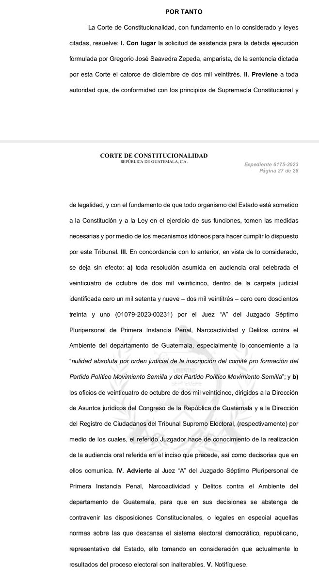 dcuevas_pl's tweet image. La @CC_Guatemala además de suspender la resolución del juez Fredy Orellana, también deja sin efecto los órdenes de anulación para Movimiento Semilla enviados al @CongresoGuate y al @TSEGuatemala; y advierten al juez para no emitir resoluciones qué podrían caer en prevaricato.