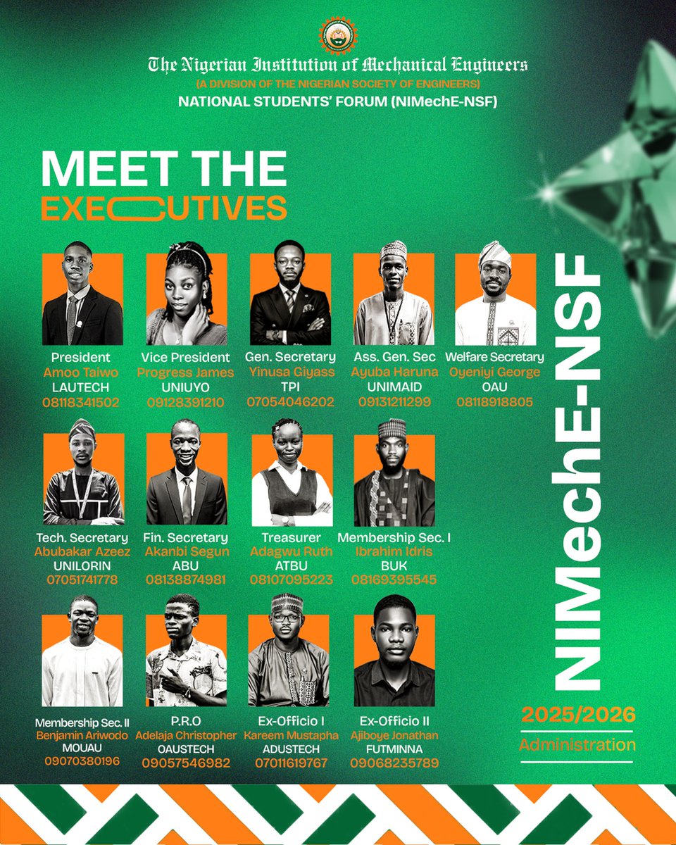 Meet the NIMechE-NSF Executive for 2025/2026 Administration.

Driven by vision. United by innovation 🫂.
We are Building Engineers 🦾, Moving into the Future. 🚀

When it MOVES⚙️⚙️....
It's MECHANICAL🛠️💡 !!!

#NIMechE-NSF #EngineeringLeaders #NSF2025 #Mechanical #YoungEngineers