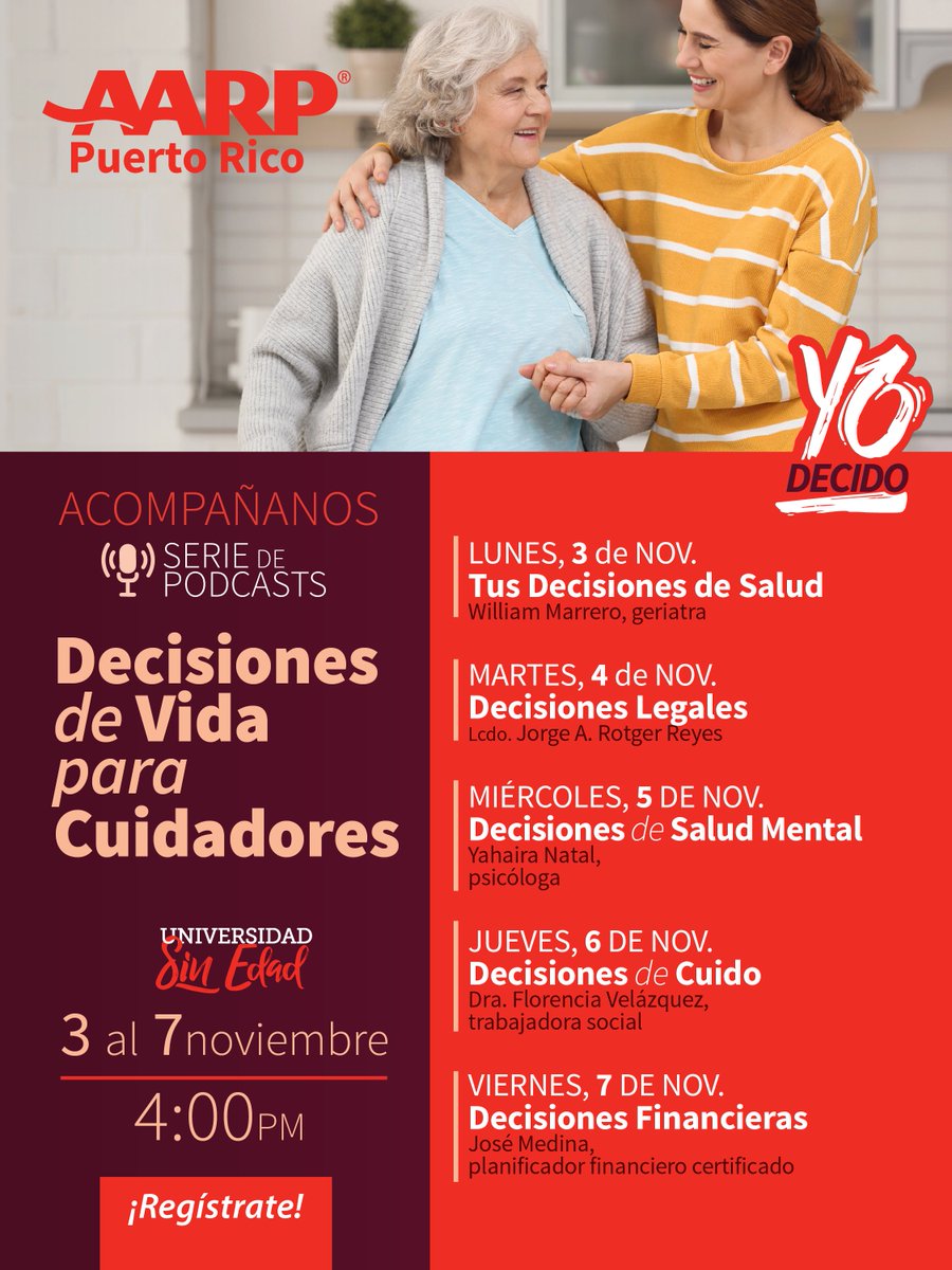 Regístrate - spr.ly/60107EIFA en nuestra serie de podcasts del 3 – 7 de noviembre y únete a la conversación que necesitas para tomar tus decisiones de cuido y apoyo, con expertos en las áreas de salud, asuntos legales, salud mental, cuido y asuntos financieros.