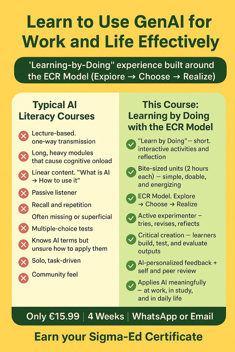 toziki's tweet photo. Learn to Use GenAI for Work and Life Effectively- starts 3 November 2025
🧭    Based on the ECR model (Explore → Choose → Realize); 💰Price: €15.99 | Duration: 20-40 total hours over 4 weeks  ( or less),📱Delivered via: Email or WhatsApp; ENROL HERE: https://t.co/7Nf9DopZNb https://t.co/mTQVXz39Nd