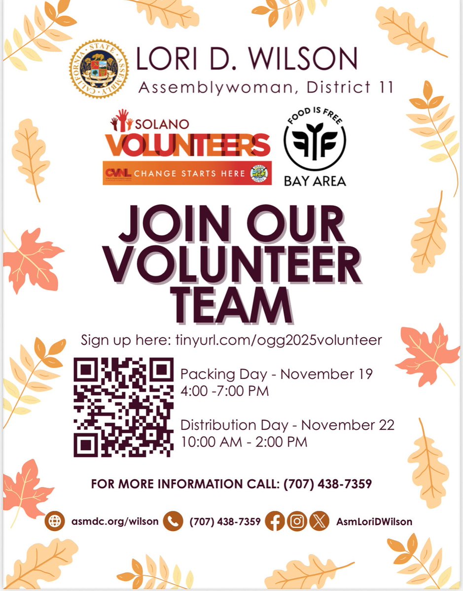 SCFair's tweet image. 🍂 Lend a hand at the Solano County Fairgrounds!
📦 Packing Day: Nov 19, 4–7PM
🥕 Distribution Day: Nov 22, 10AM–2PM
Sign up 👉 tinyurl.com/ogg2025volunte…
#SolanoVolunteers #Vallejo #CommunityStrong