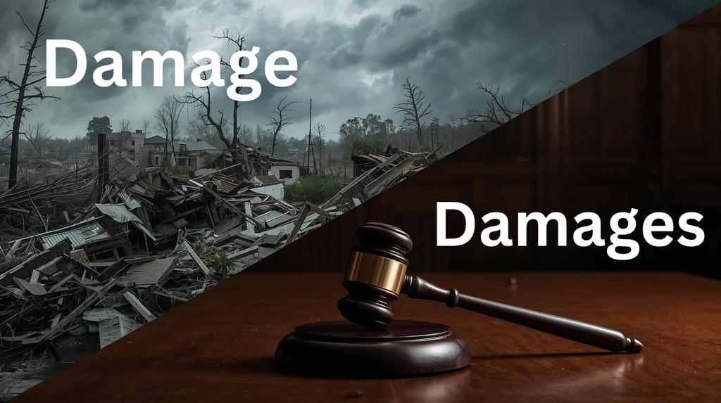 RealGrammarHawk's tweet photo. Damage: Harm, loss or injury suffered. When used in this way it is never pluralized. 
Damages: Financial sum awarded by a Court as a penalty or compensation. https://t.co/id3as2C8a7