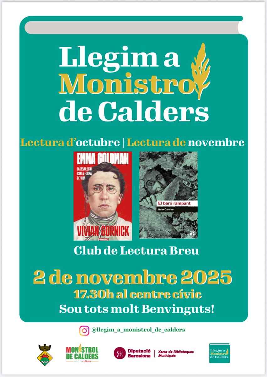 Aquest proper diumenge dia 2 de novembre hi ha una altra trobada de "Llegim". A dos quarts de sis al Centre Cívic #EmmaGoldman