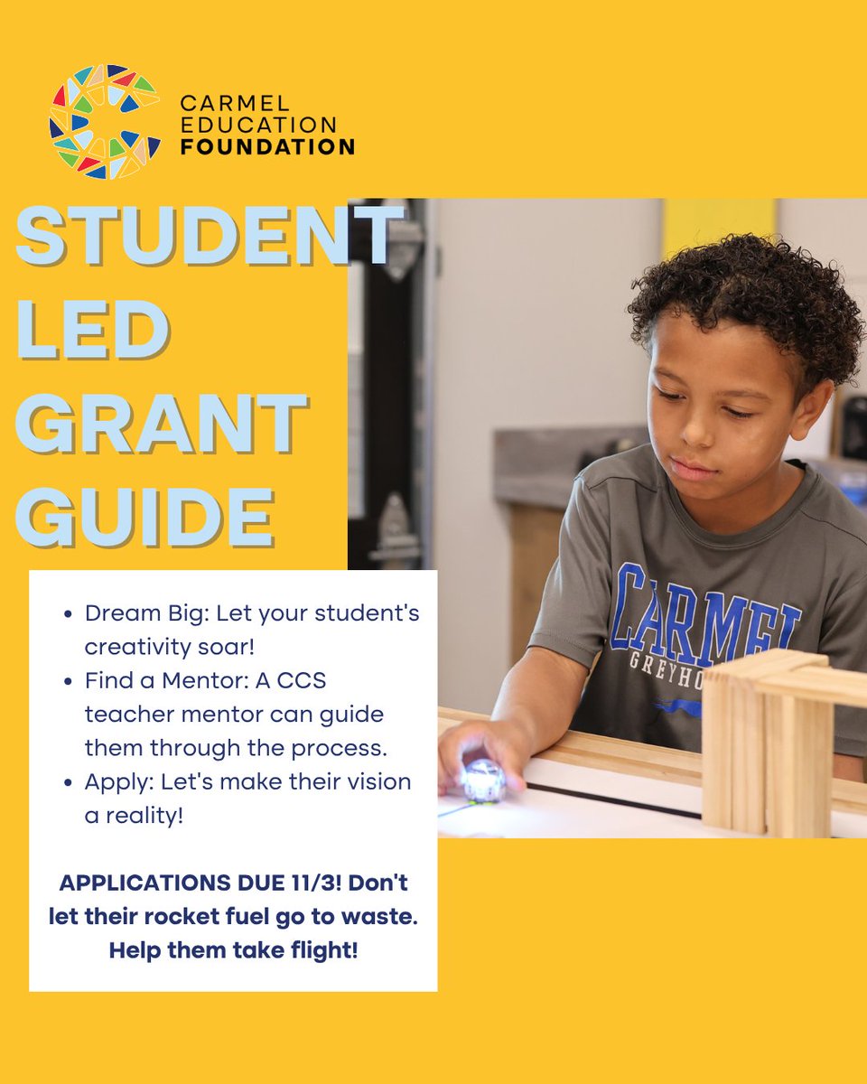 Encourage your student to turn their ideas into reality through a CEF Student Led Grant. With guidance from a teacher mentor, they can design a project that makes a difference in their school or community.

Applications are due November 3!

Apply today: ccs.k12.in.us/foundation/gra…