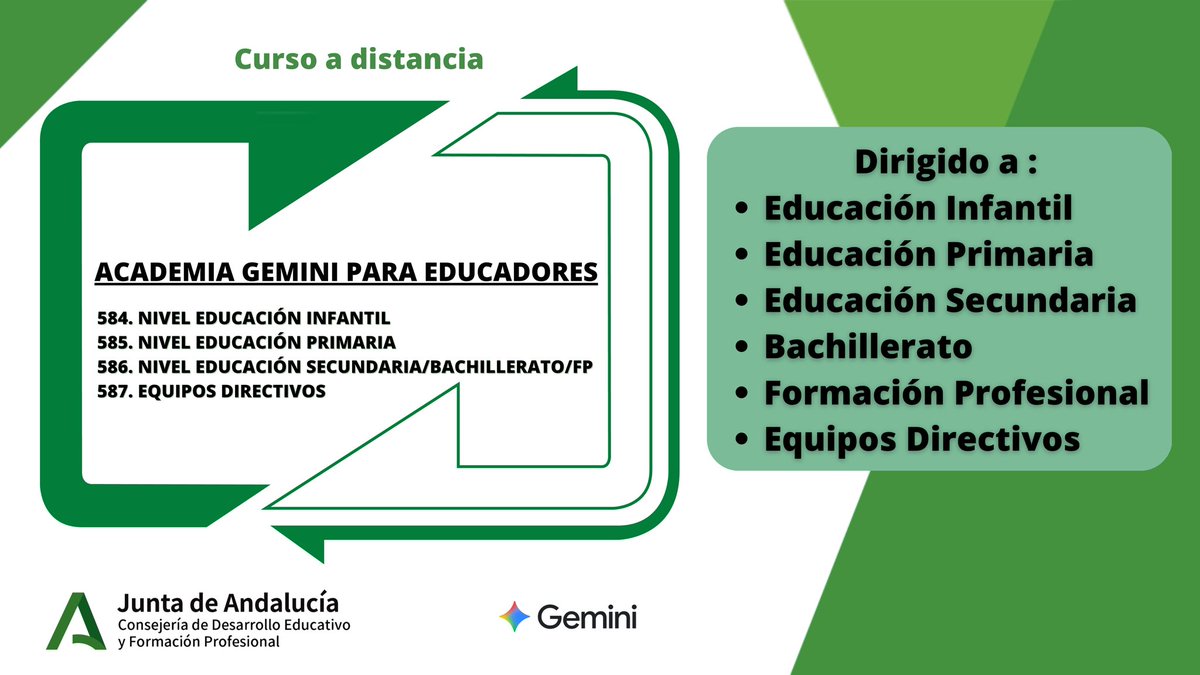 Infantil🔗 secretariavirtual.juntadeandalucia.es/secretariavirt…
Primaria🔗 juntadeandalucia.es/educacion/secr…
Secundaria, FP, EPER, ERE🔗 secretariavirtual.juntadeandalucia.es/secretariavirt…
Equipos directivos🔗 juntadeandalucia.es/educacion/secr…