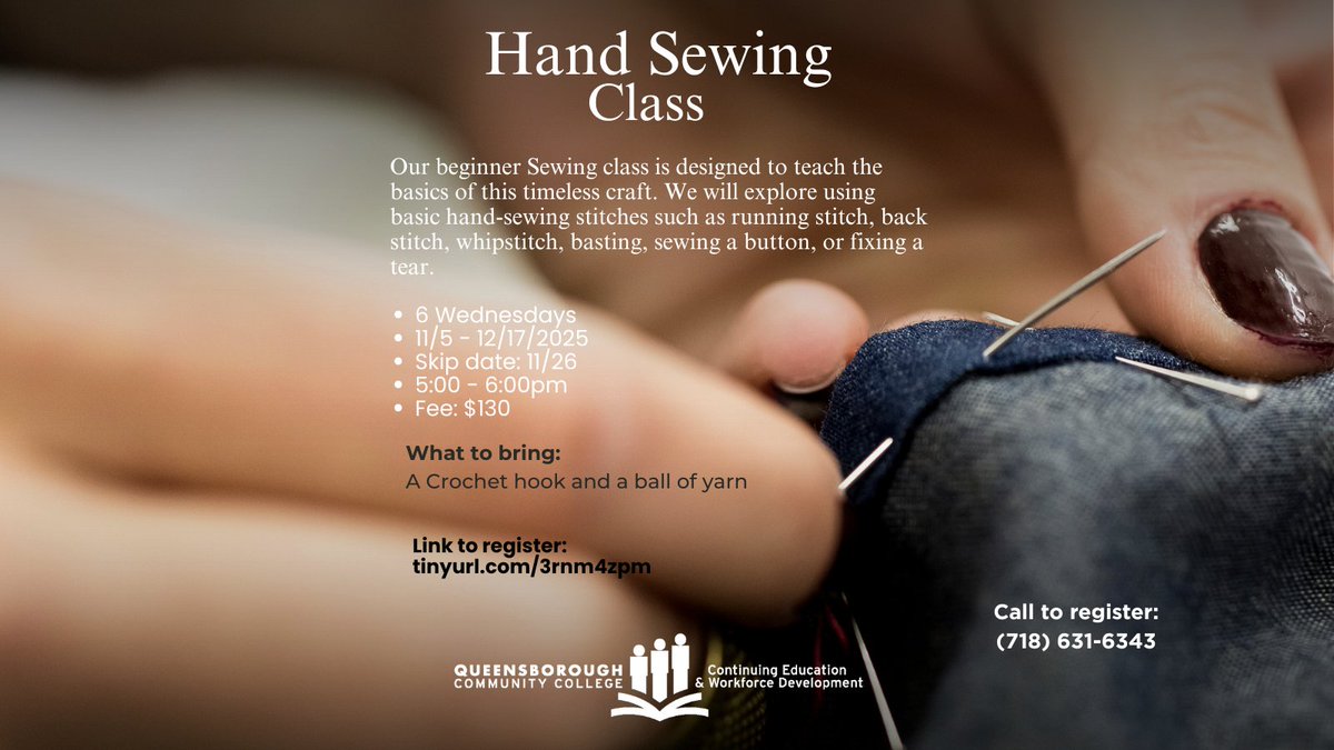 QCC_CE's tweet photo. Explore our Knitting, Sewing and Crochet Classes.

Registration Links: 

Beginner Crochet: https://t.co/W63OAnLGOi

Knitting For Beginners: https://t.co/7r4DMXkMNM 

Basic Hand Sewing: https://t.co/nnOQkD7kPB https://t.co/23J63RXaQU