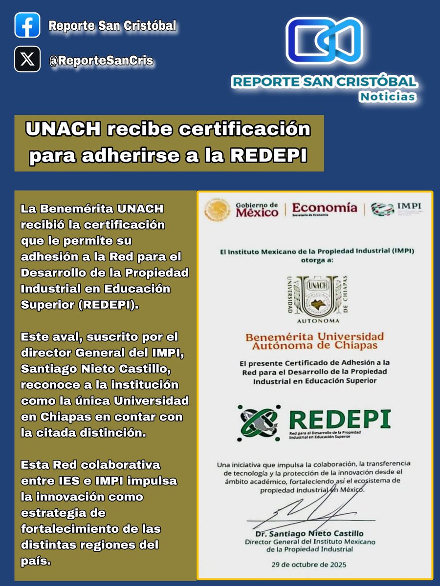 La Benemérita UNACH recibió la certificación que le permite su adhesión a la Red para el Desarrollo de la Propiedad Industrial en Educación Superior (REDEPI).

<a href="/comunica_unach/">UNACH</a> 
<a href="/oswaldochacon76/">Oswaldo Chacón Rojas</a>