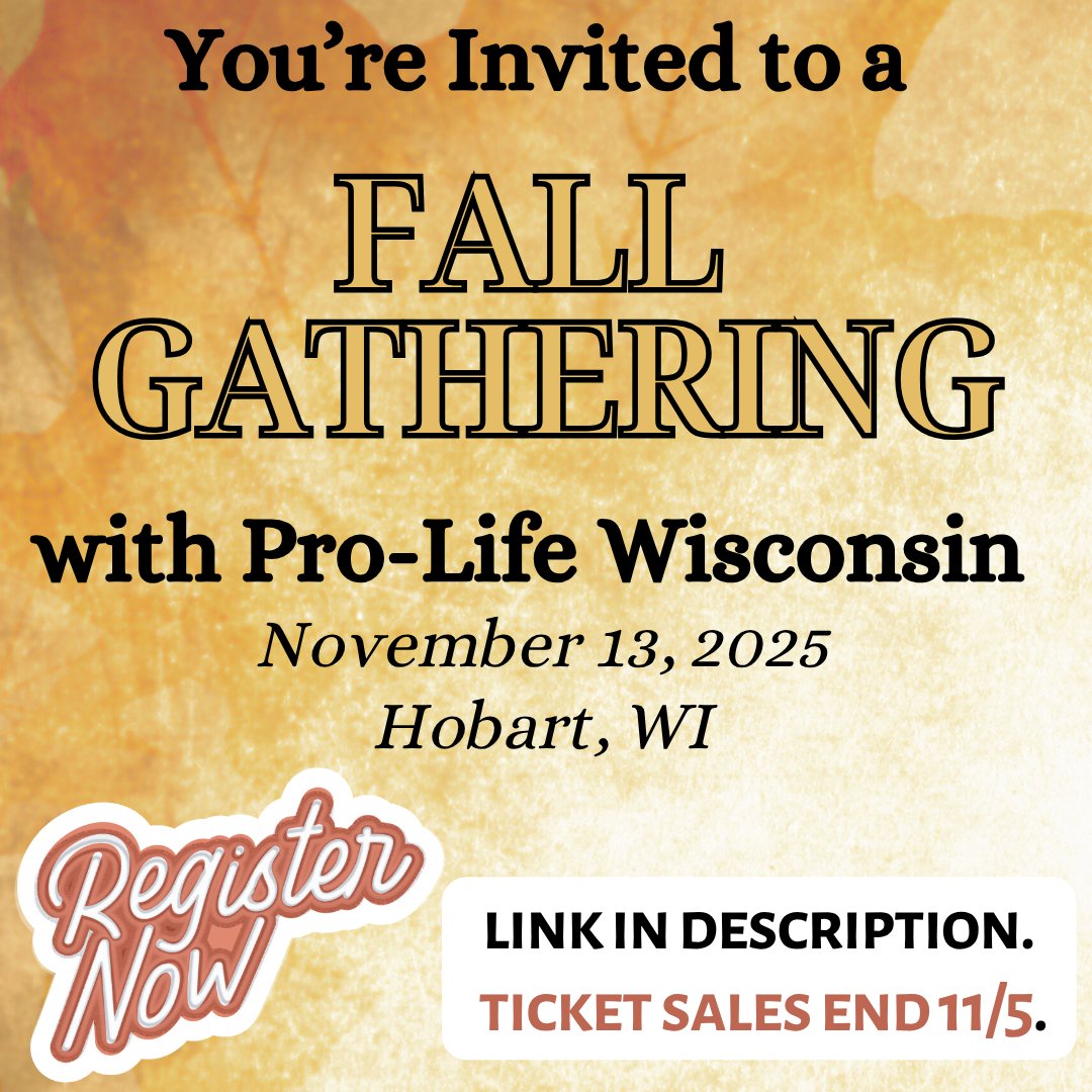 Just ONE WEEK left to register for Pro-Life Wisconsin's Fall Gathering. Come out to Hobart for good food, good company, and a great message! Details and tickets at ProLifeWI.org/fallgathering.