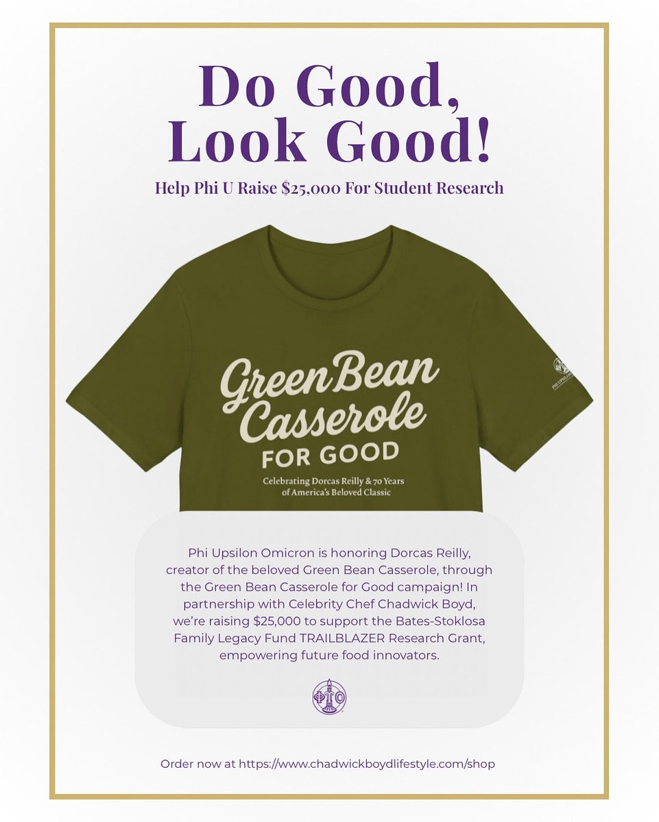 Phi U proudly honors Dorcas Reilly, creator of the Green Bean Casserole, through the Green Bean Casserole for Good campaign with Chef Chadwick Boyd. Together, we’re raising $25,000 for the Bates-Stoklosa Family Legacy Fund TRAILBLAZER Research Grant!
 
Link to order in our bio!
